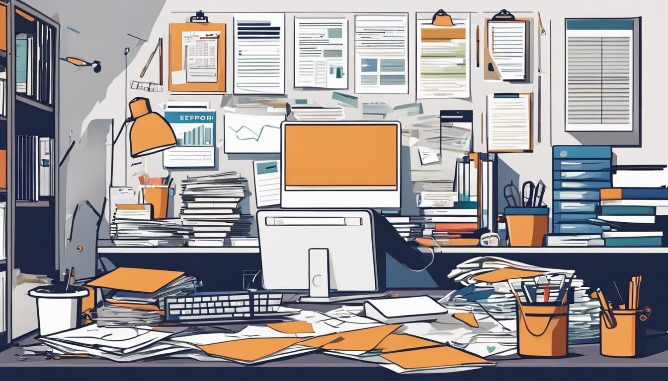 Een kleine ondernemer werkt aan financiële administratie in een rommelig kantoor. Een kleine ondernemer werkt aan financiële administratie in een rommelig kantoor.