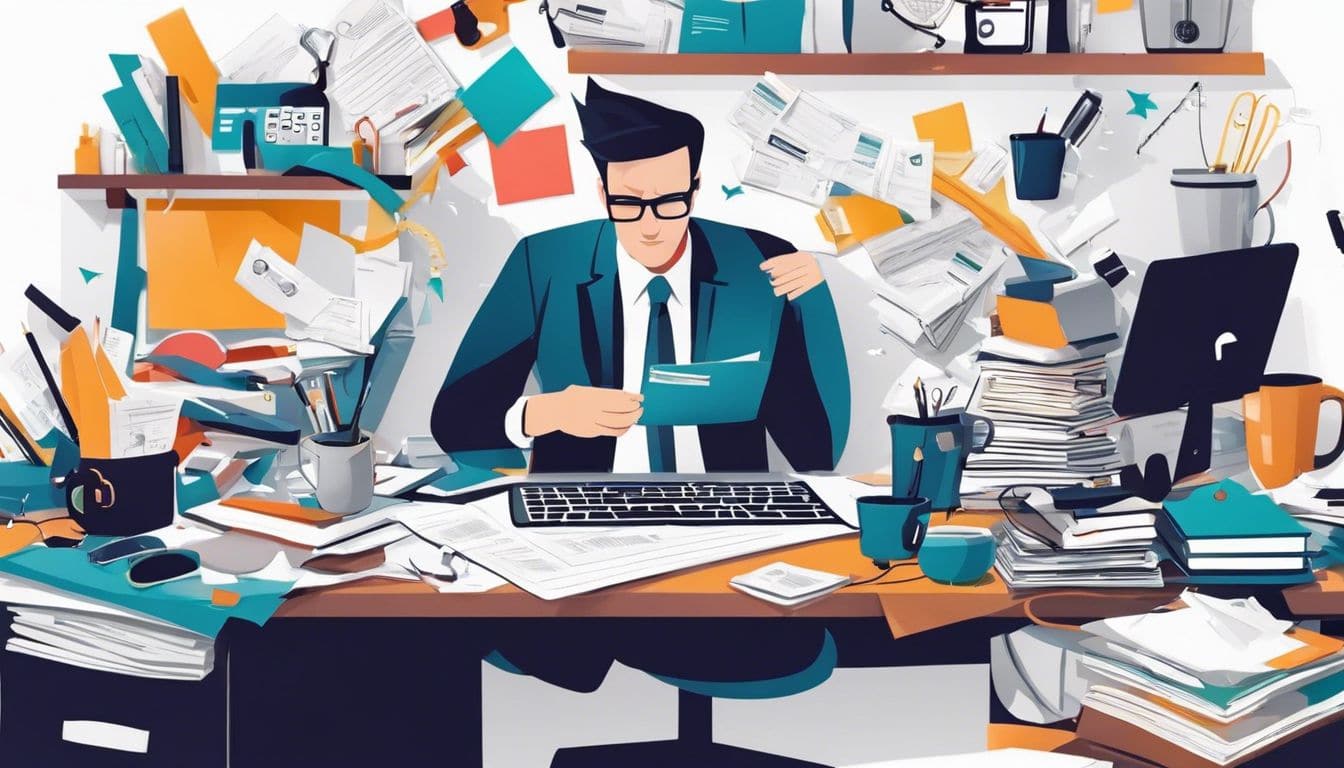 Een kantoorwerker temidden van chaos met rommelig bureau en kantoorbenodigdheden. Een kantoorwerker temidden van chaos met rommelig bureau en kantoorbenodigdheden.