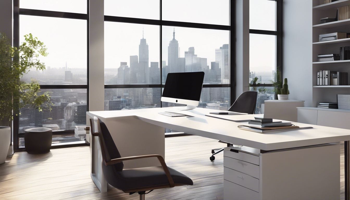 Een modern kantoor met bureau, computer en stadsgezicht door ramen.