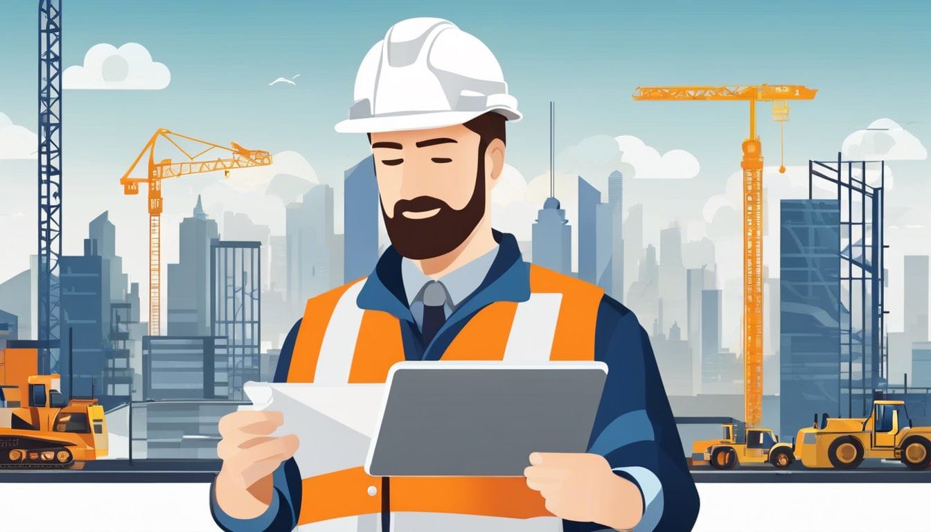 Een bouwvakker gebruikt gespecialiseerde boekhoudsoftware op een drukke bouwplaats.