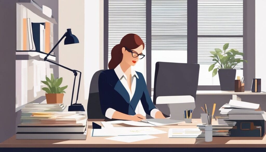 Persoon organiseert financiële documenten op een opgeruimd bureau in thuiskantoor.