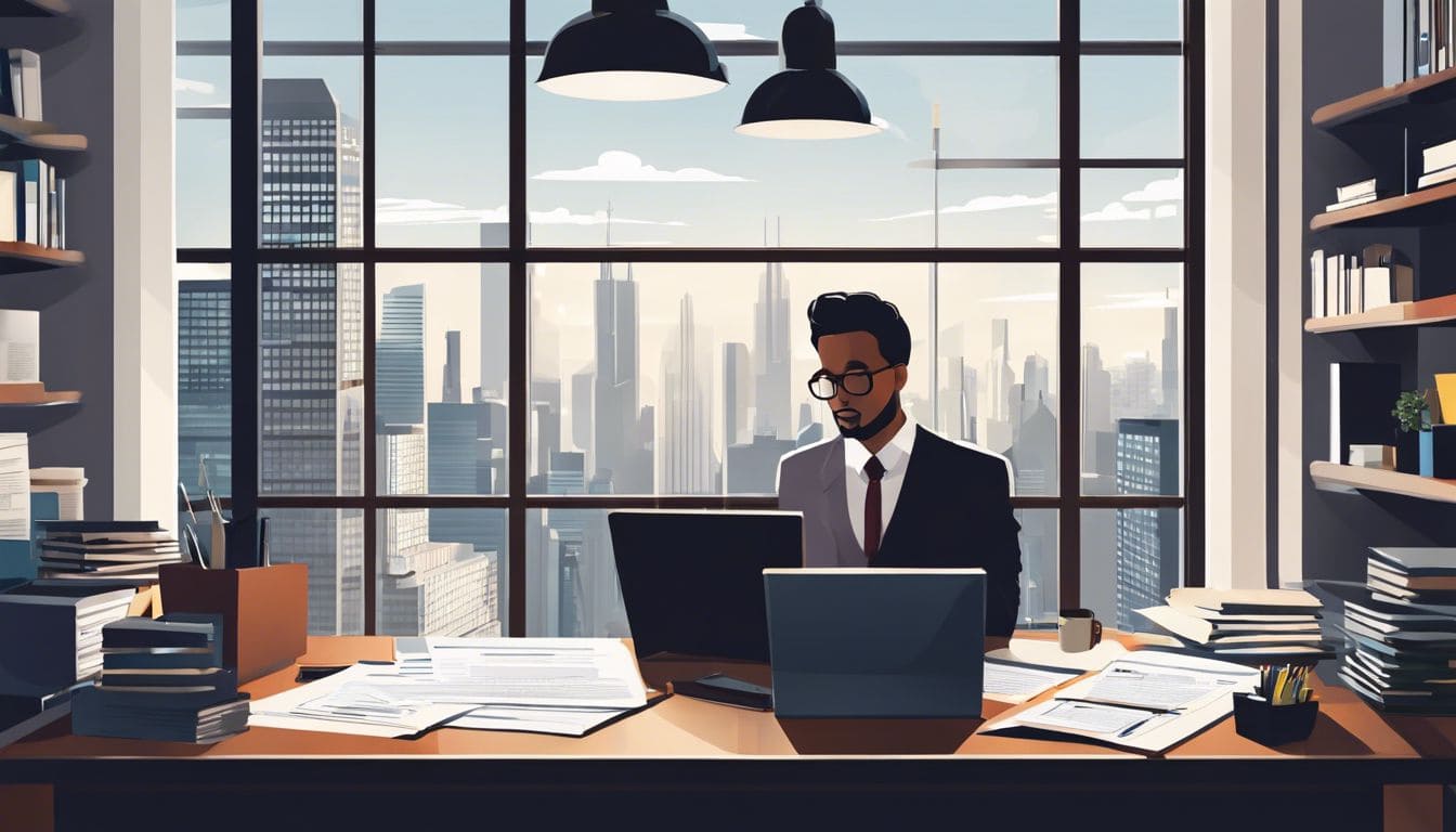 Een persoon geconcentreerd op georganiseerd papierwerk in een kantoor met uitzicht op de stad.