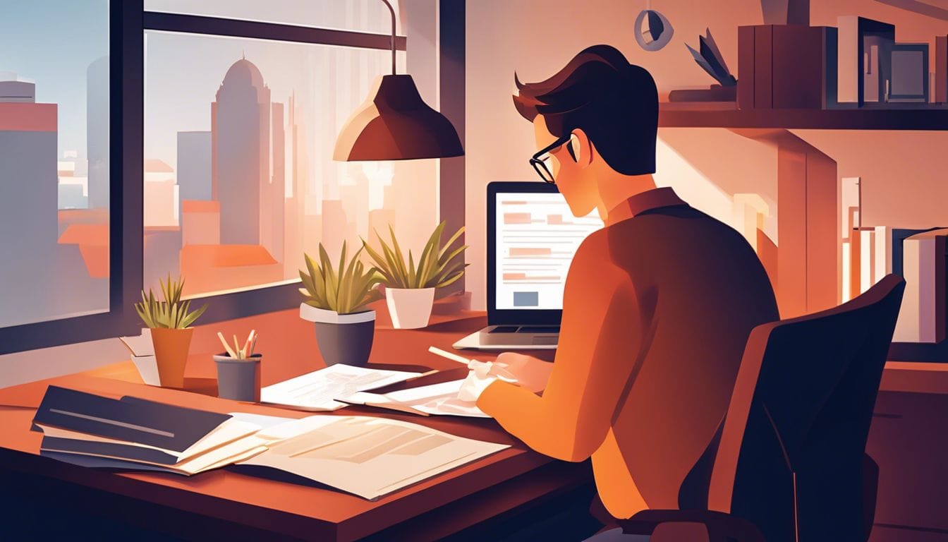 Een persoon zit aan een schone bureau met laptop en georganiseerde financi&euml;le documenten.