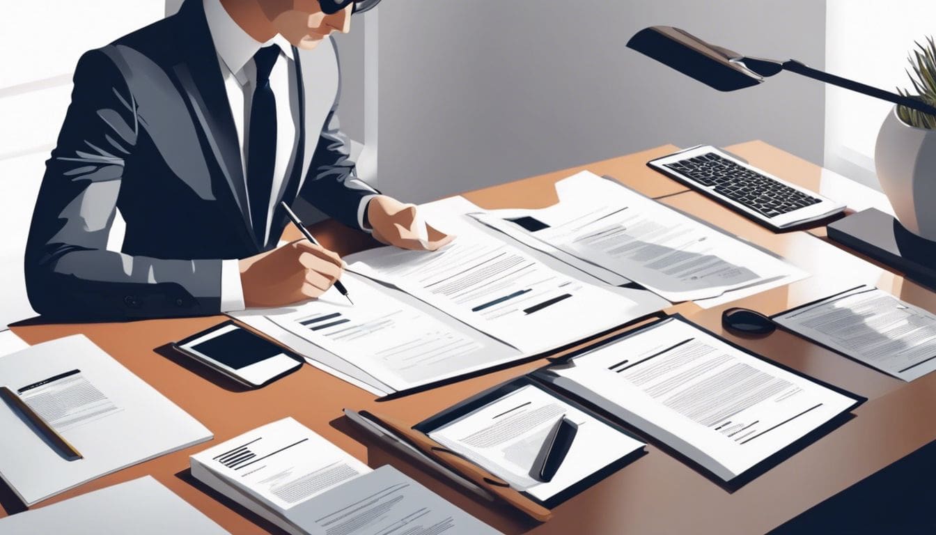 Een ondernemer bekijkt financiële documenten in een modern kantoor. Een ondernemer bekijkt financiële documenten in een modern kantoor.