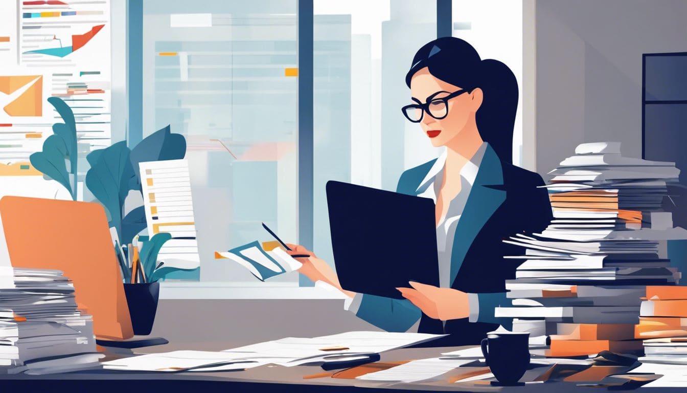 Een vrouw maakt financiële aantekeningen in een rommelig kantoor. Een vrouw maakt financiële aantekeningen in een rommelig kantoor.