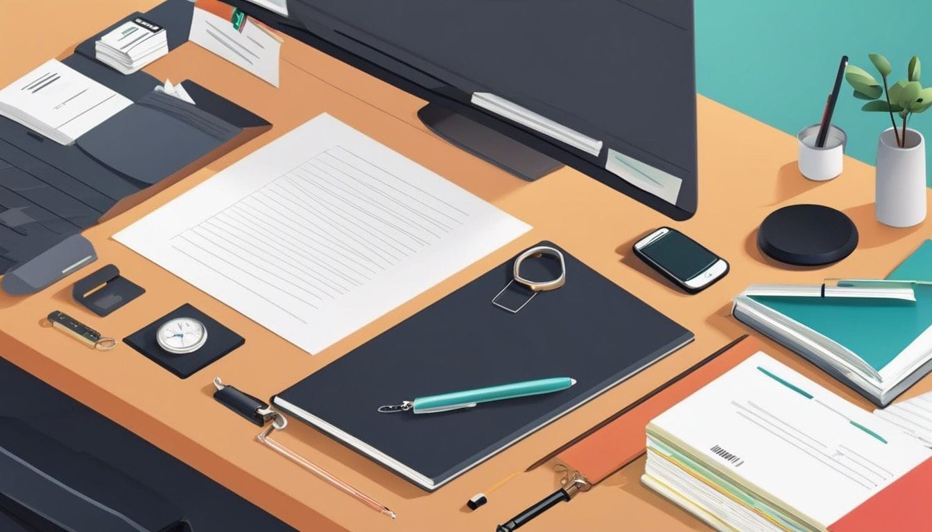 Een opgeruimd bureau met autosleutels, logboek en zakelijke documenten straalt professionaliteit uit.