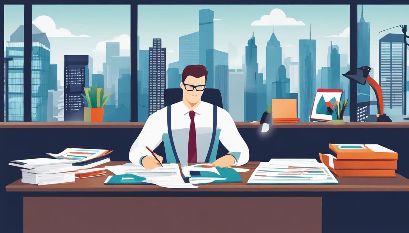 Een boekhouder analyseert financiële documenten in een net kantoor met een drukke stad op de achtergrond. Een boekhouder analyseert financiële documenten in een net kantoor met een drukke stad op de achtergrond.