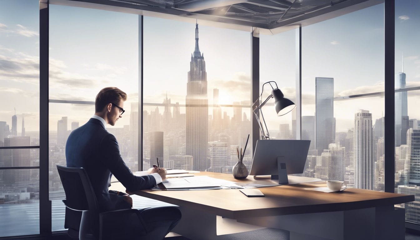 Een bedrijfseigenaar analyseert financiële documenten in een modern kantoor. Een bedrijfseigenaar analyseert financiële documenten in een modern kantoor.