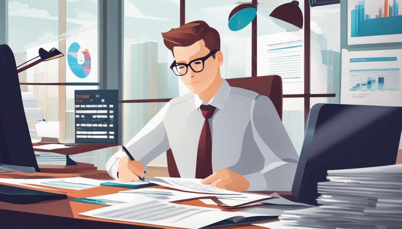 Een accountant zit op een net bureau met financiële documenten. Een accountant zit op een net bureau met financiële documenten.