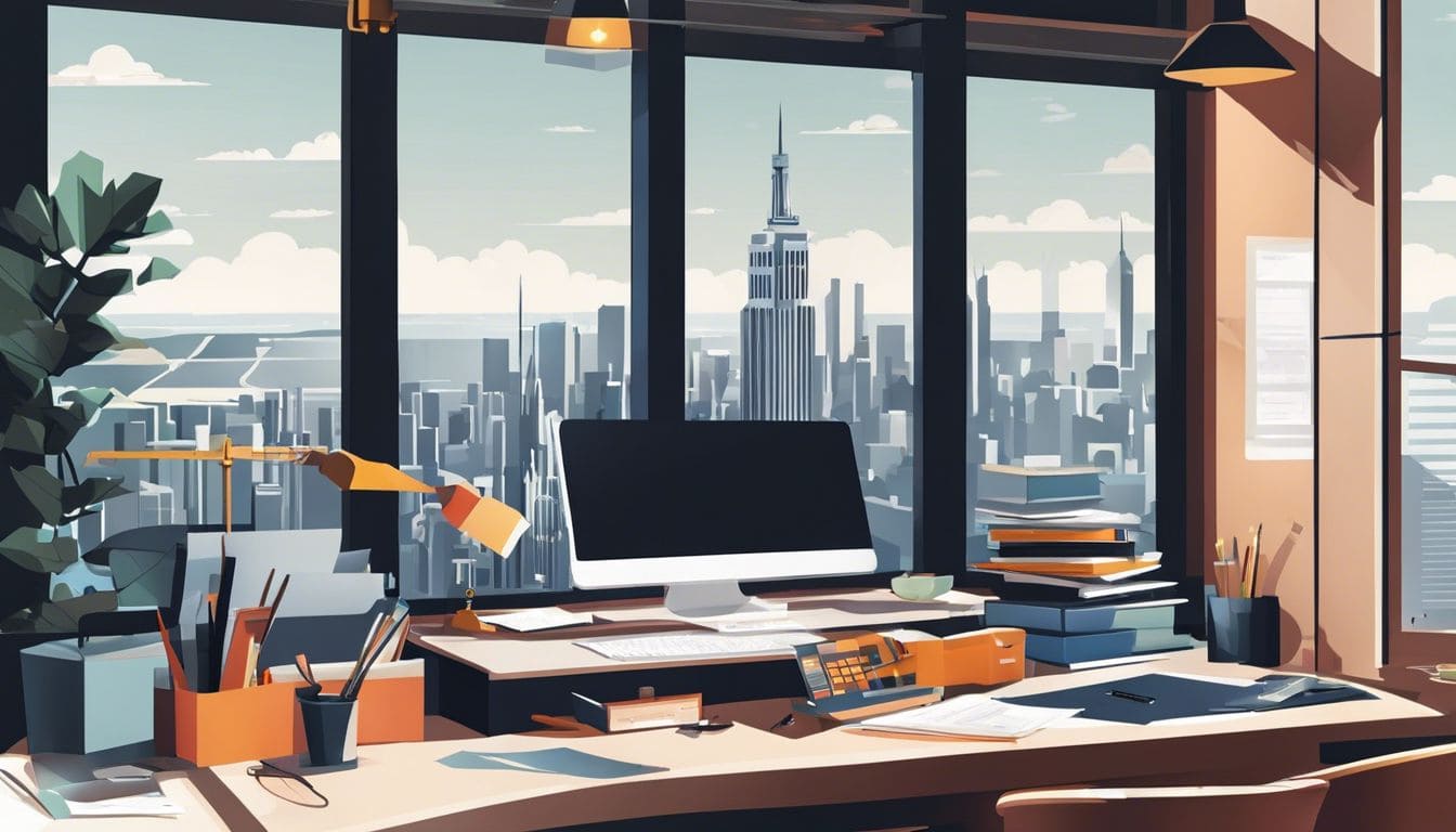 Een klassiek grootboek met boekhoudkundige benodigdheden in een kantooromgeving met uitzicht op een bruisende stadsgezicht, waarbij de nadruk ligt op de gedetailleerde organisatie en productiviteit van het kantoor.