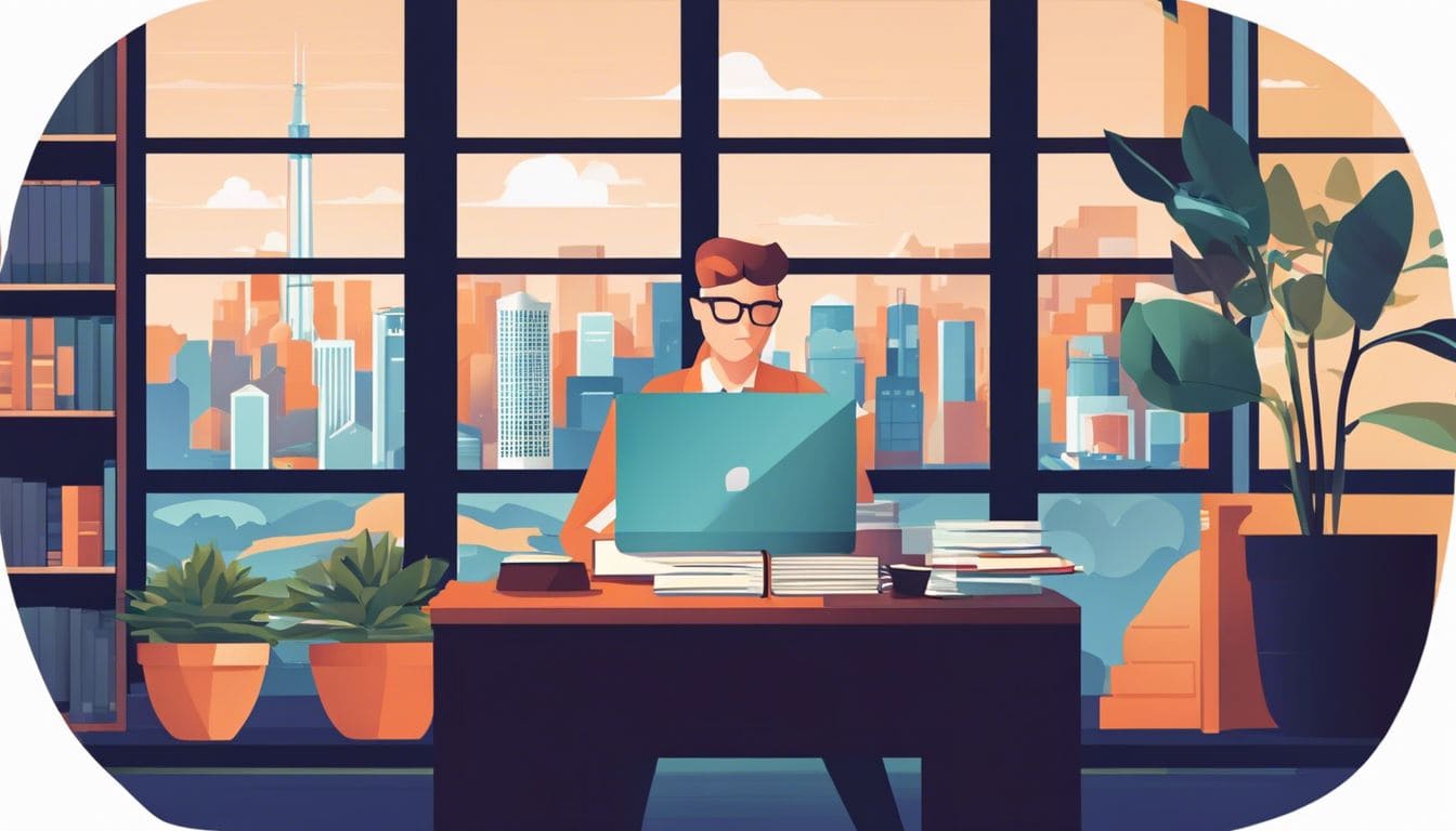 Een persoon zittend aan een net bureau omringd door financi&euml;le documenten, fotografie van landschappen, een stapel boeken, en een kamerplant, met een groot raam dat uitzicht biedt op de stad.