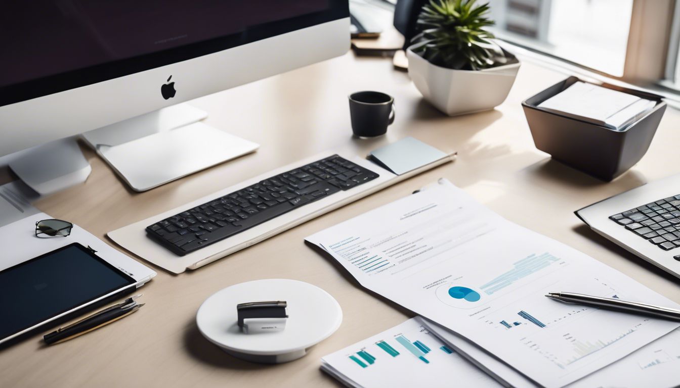 Een georganiseerd bureau met financi&euml;le documenten en moderne kantoorapparatuur.