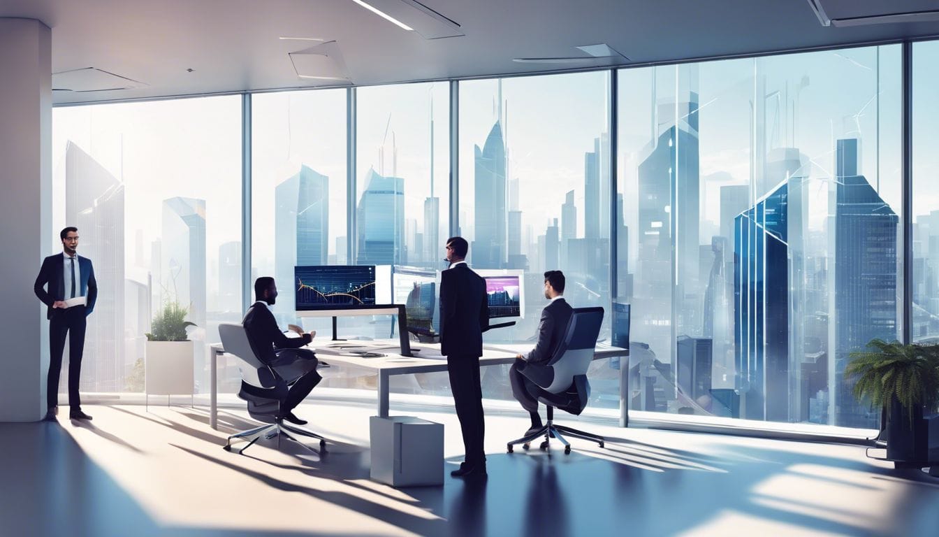 Een groep financi&euml;le experts gebruikt geavanceerde software in een modern kantoor met grote ramen die uitzicht bieden op de stad.