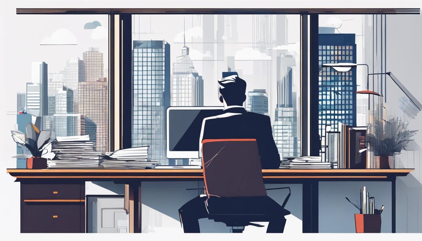 Een persoon zit bij een rommelig bureau met financiële documenten en kijkt naar de stad buiten het raam. Een persoon zit bij een rommelig bureau met financiële documenten en kijkt naar de stad buiten het raam.