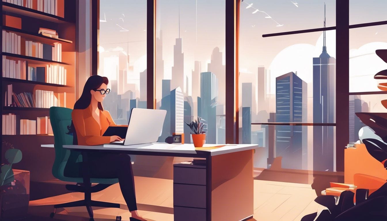 Een persoon werkt aan financi&euml;le documenten in een comfortabel thuiskantoor met uitzicht op de stad.