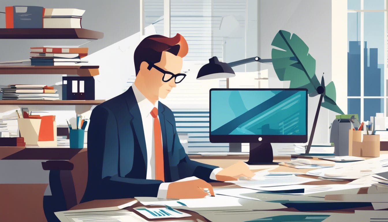 Een persoon werkt aan een bureau met financiële documenten in een goed verlicht kantoor. Een persoon werkt aan een bureau met financiële documenten in een goed verlicht kantoor.