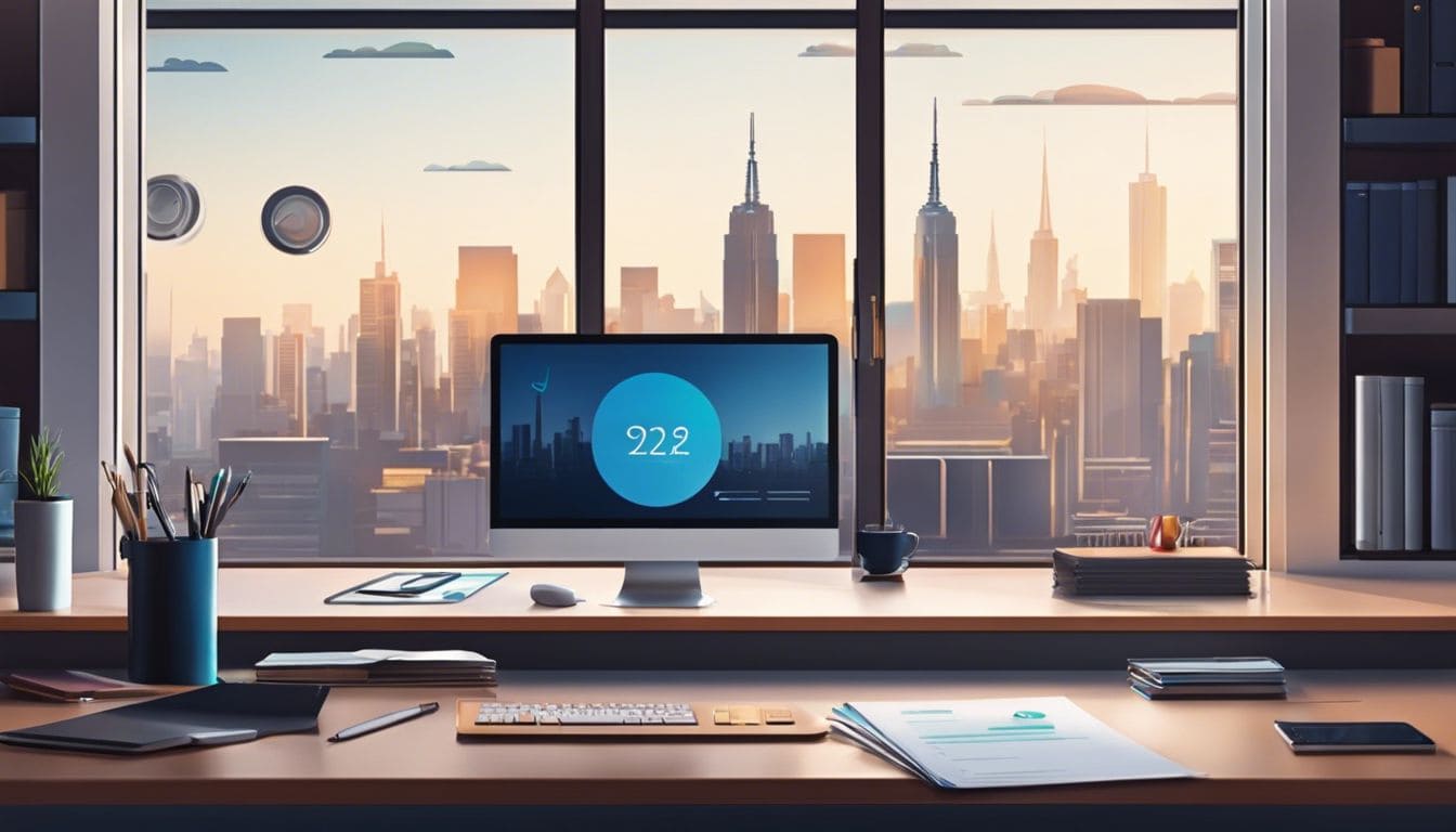 Een strak en modern online bank- en boekhoudtool op een georganiseerd bureau. Een strak en modern online bank- en boekhoudtool op een georganiseerd bureau.