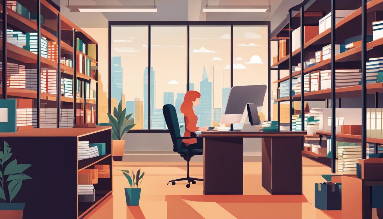 Een zakelijke vrouw organiseert facturen en financi&euml;le documenten op kantoor.