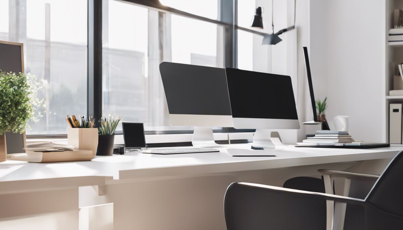 Een modern kantoorbureau met computer en georganiseerde papieren straalt productiviteit uit.