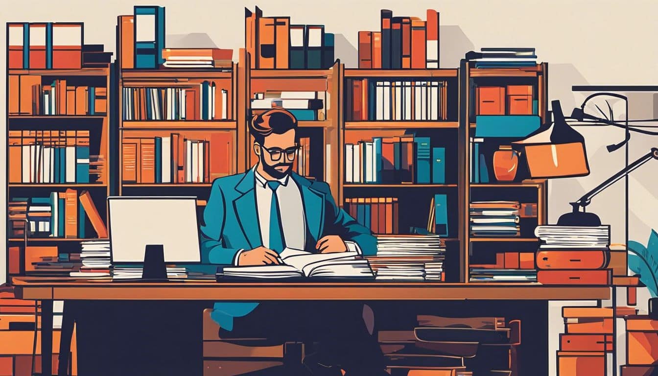 Een boekhouder zit aan een net bureau omringd door financiële documenten. Een boekhouder zit aan een net bureau omringd door financiële documenten.