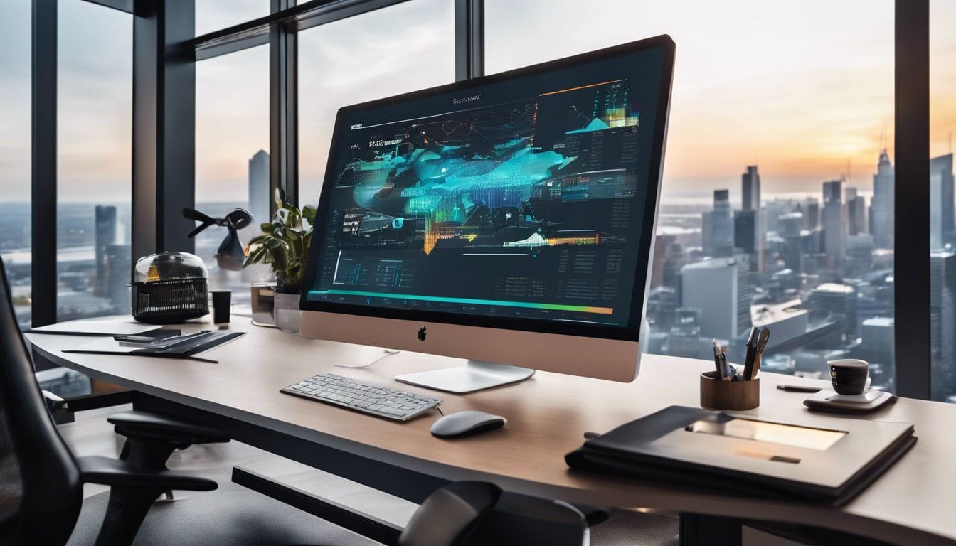 Een modern kantoor bureau met geavanceerde boekhoudsoftware en cityscape fotografie. Een modern kantoor bureau met geavanceerde boekhoudsoftware en cityscape fotografie.