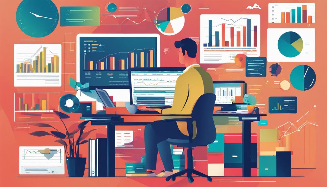 Een persoon analyseert financiële gegevens omringd door grafieken op de computer. Een persoon analyseert financiële gegevens omringd door grafieken op de computer.
