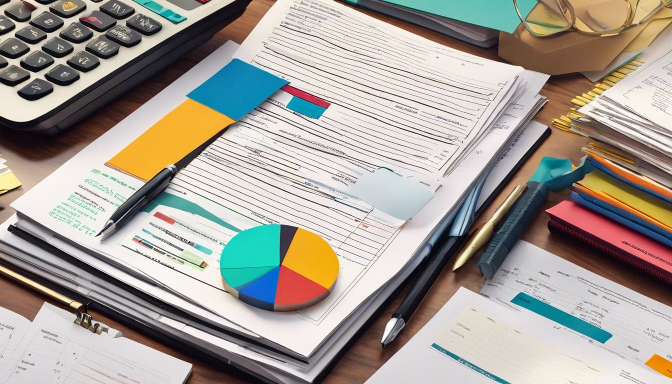 Een stapel financi&euml;le grootboeken en documenten op een kantoorbureau.