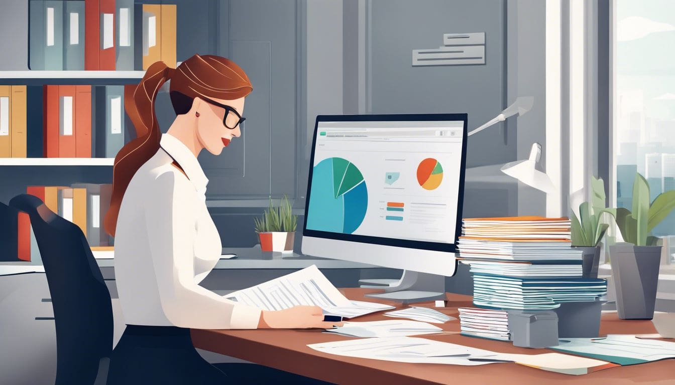 Een zakelijke eigenaar organiseert financi&euml;le documenten op een schone werkplek.