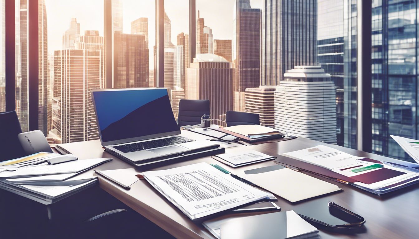 Een goed georganiseerd bureau met financi&euml;le documenten in een moderne kantooromgeving.