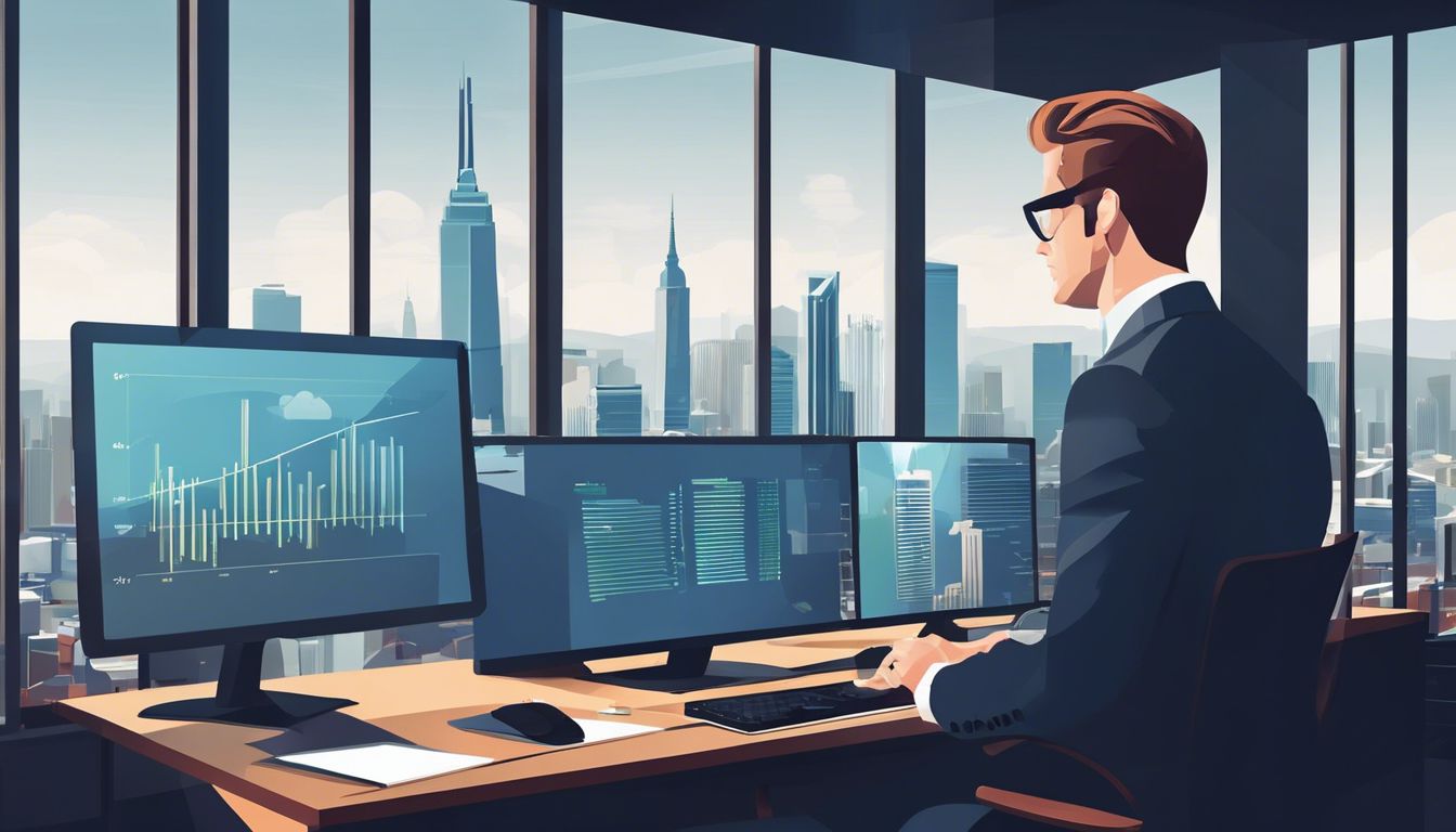 Een zakenman analyseert gegevens op een computer in een modern kantoor met stadsgezicht.