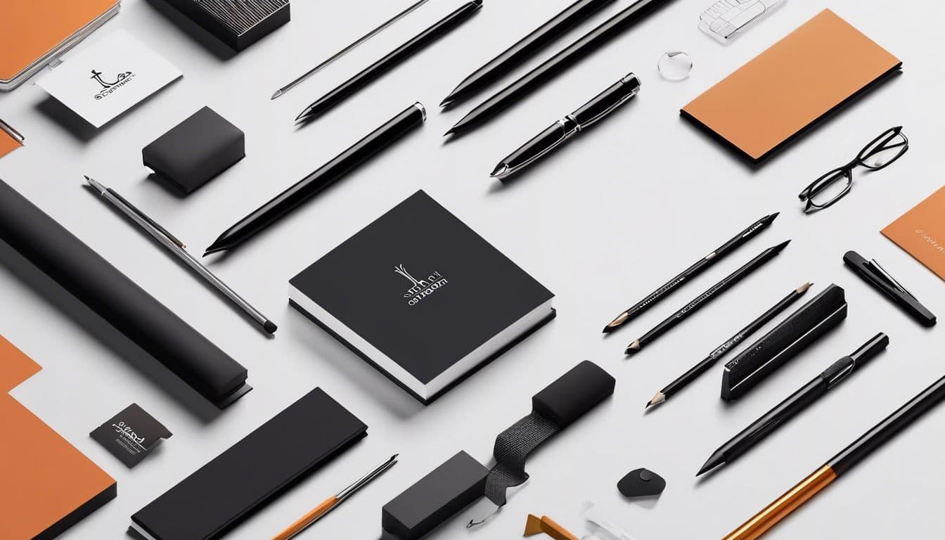 Een strak en modern merklogo wordt weergegeven met kantoorbenodigdheden op een minimalistische en schone achtergrond, waarbij de nadruk ligt op het ontwerp en de elegantie van het logo in een professionele en verfijnde omgeving.