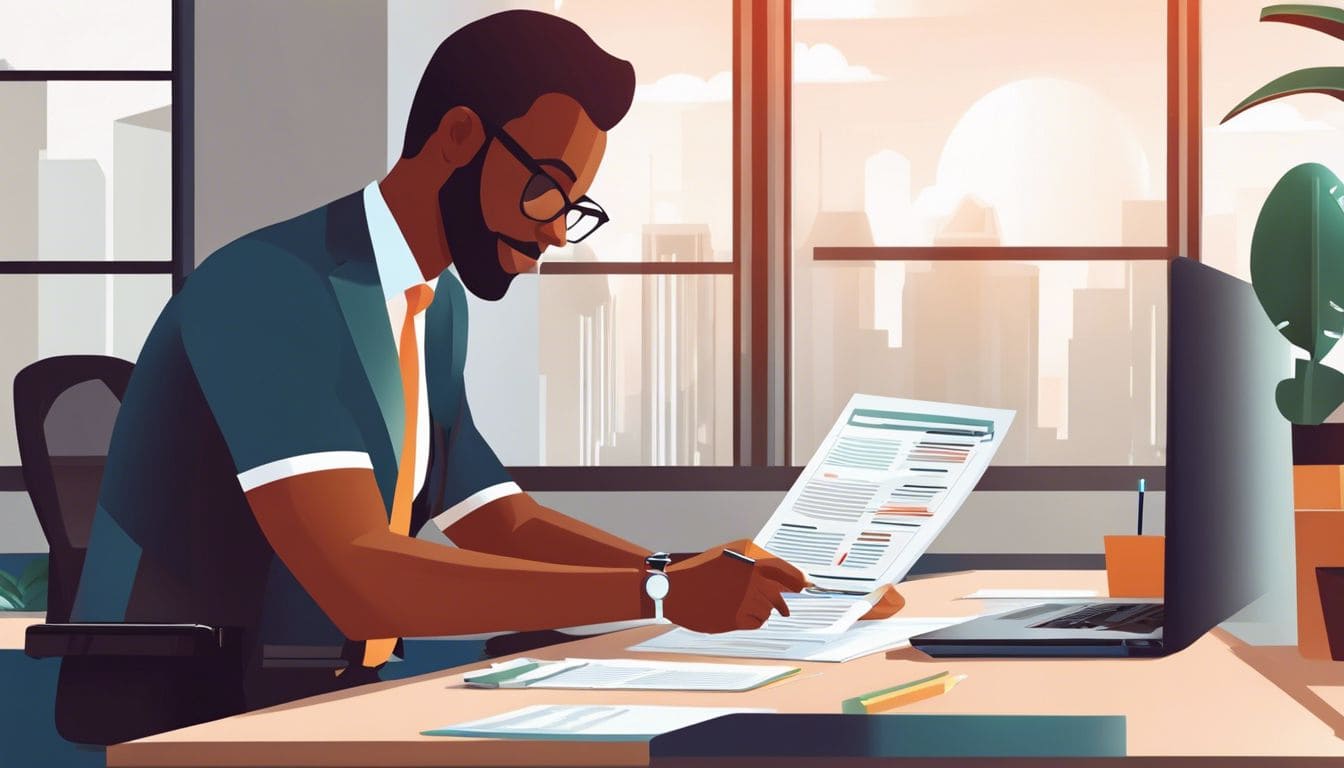 Een ondernemer bekijkt financi&euml;le gegevens aan een schone tafel.