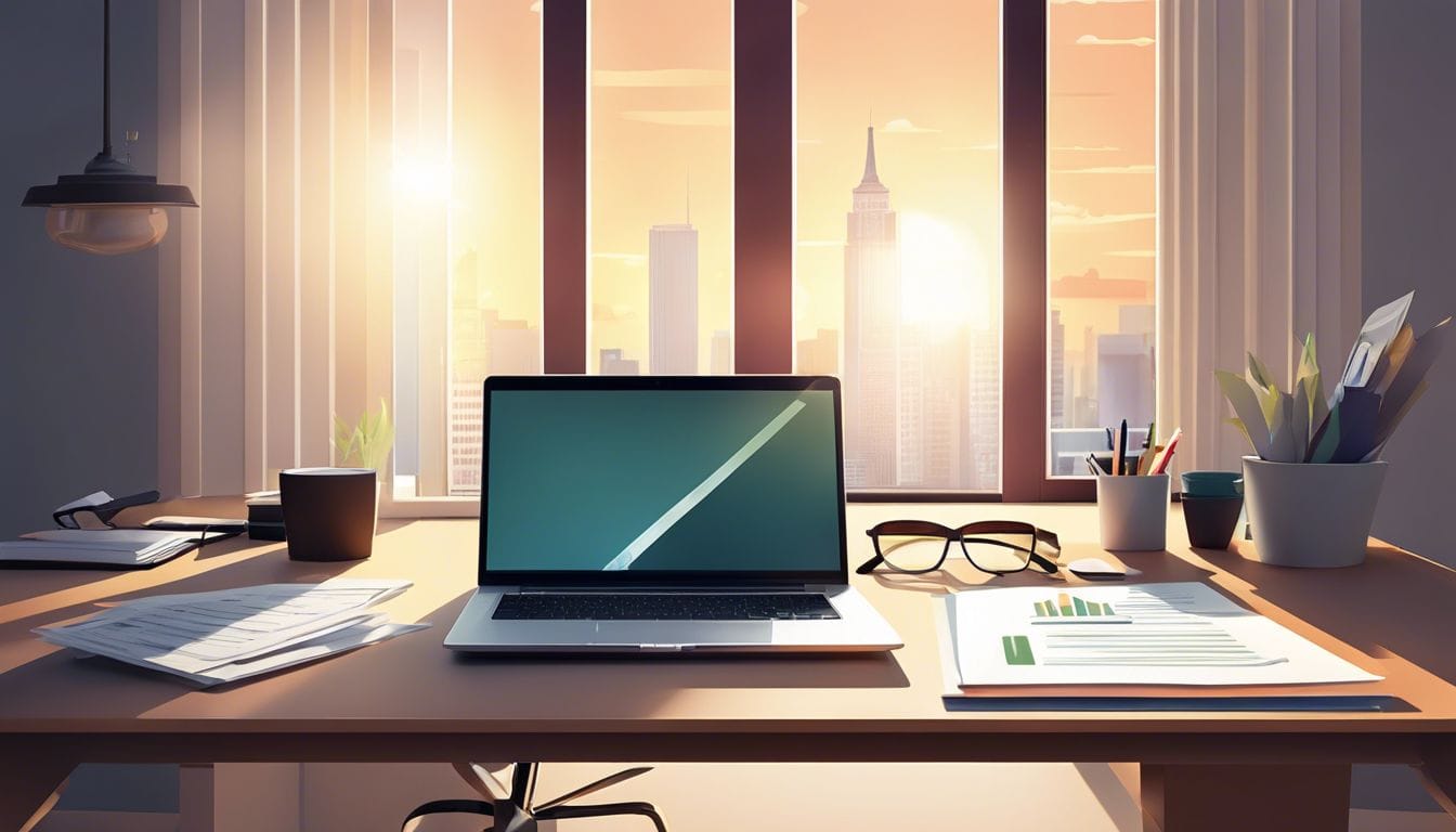 Een opgeruimd bureau met financiële documenten, een rekenmachine en een laptop. Een opgeruimd bureau met financiële documenten, een rekenmachine en een laptop.