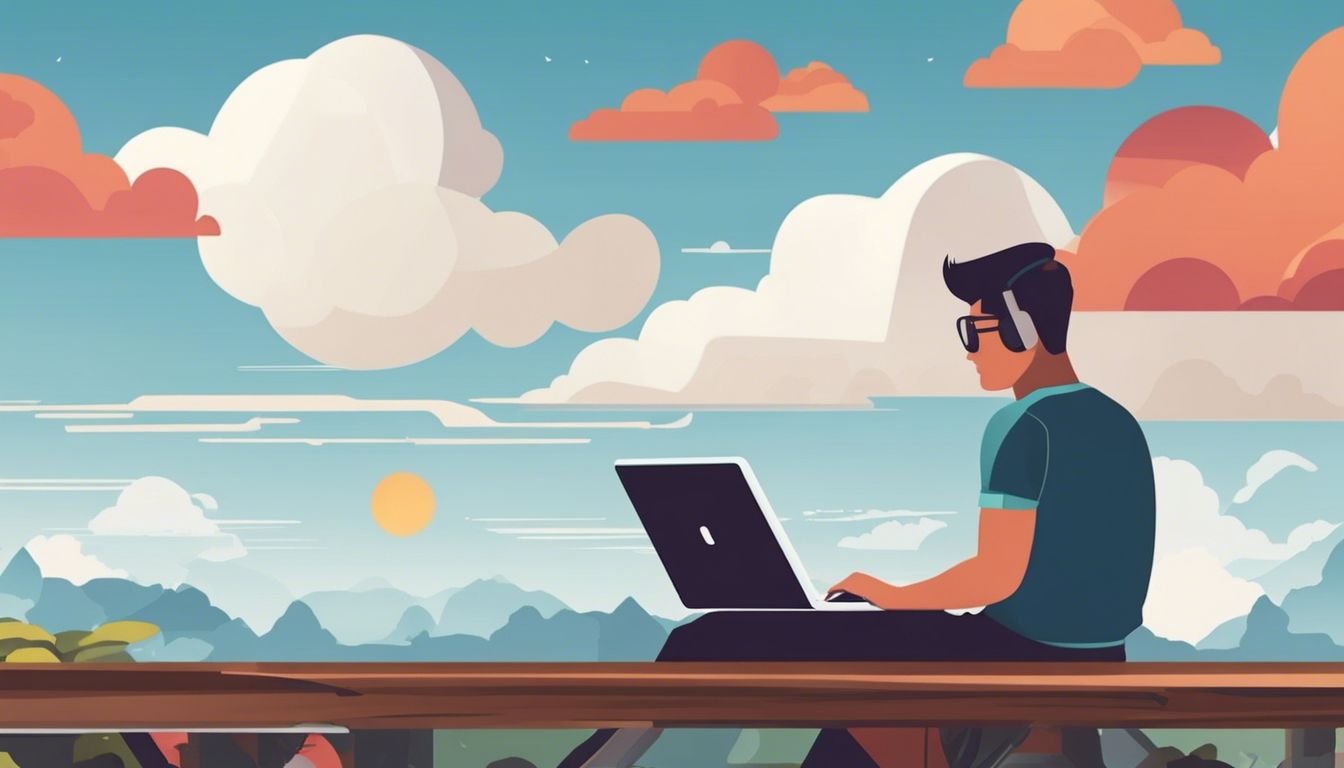 Een persoon werkt buiten op een laptop met wolken op de achtergrond.