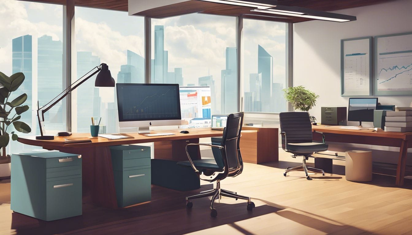 Een opgeruimd bureau met financiële records en grafieken in een kantooromgeving. Een opgeruimd bureau met financiële records en grafieken in een kantooromgeving.