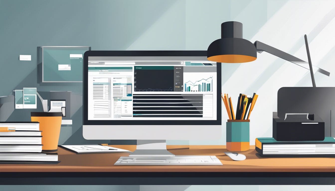 Een ordelijke organisatie van financi&euml;le documenten en boekhoudsoftware op een bureau.