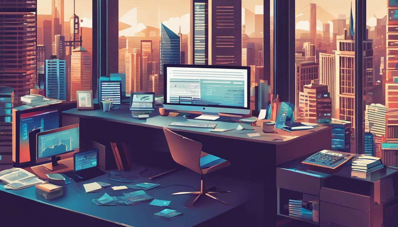 Een bureau met financi&euml;le documenten en een rekenmachine in een stedelijke omgeving.