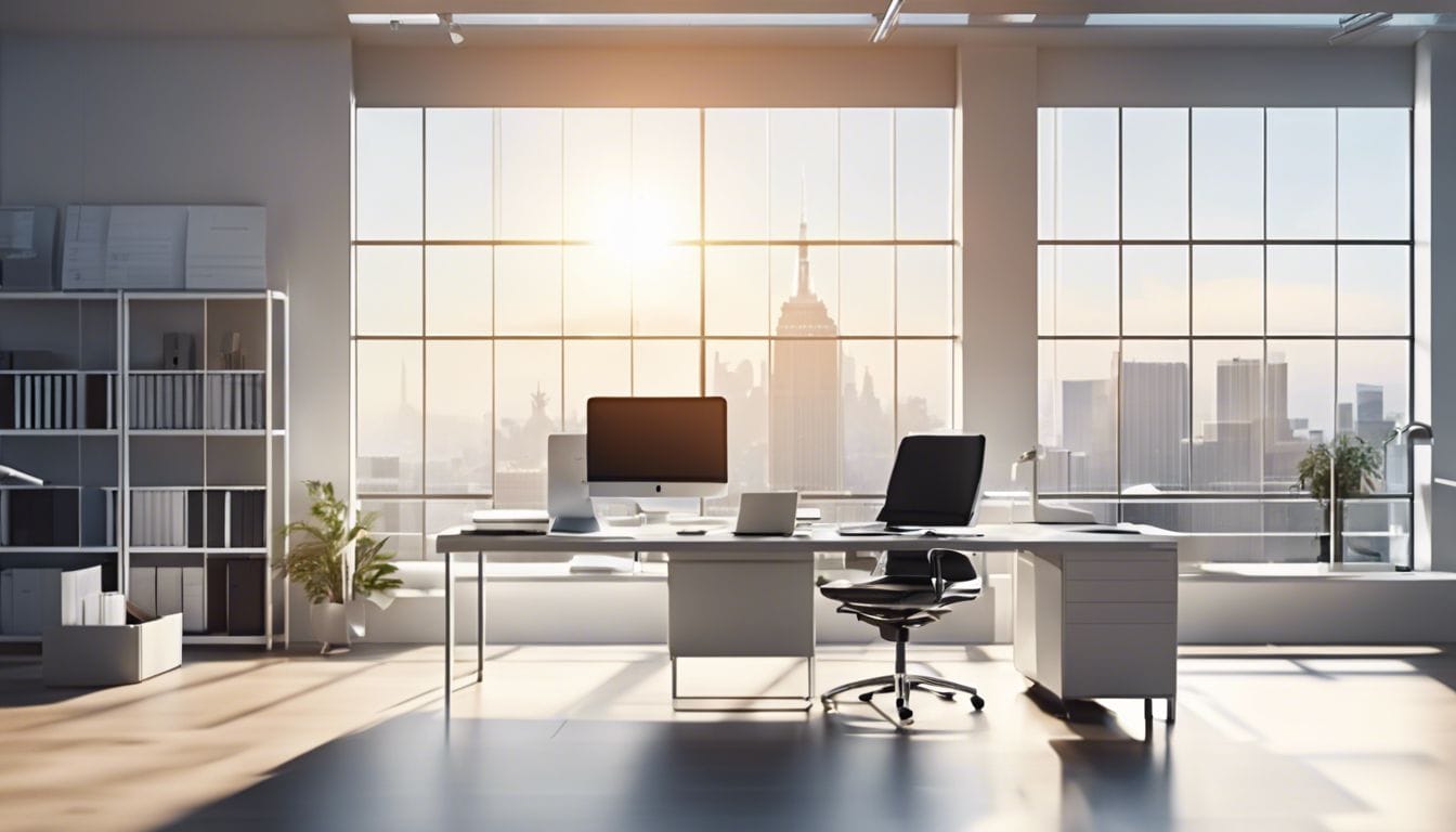 Een persoon organiseert financi&euml;le documenten in een moderne kantooromgeving.