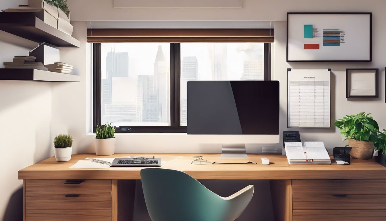 Een opgeruimd en georganiseerd thuiskantoor met financi&euml;le documenten en een rekenmachine, benadrukt netheid en productiviteit.