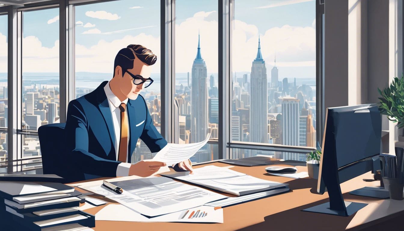 Een bedrijfseigenaar bekijkt financiële documenten in een nette kantooromgeving. Een bedrijfseigenaar bekijkt financiële documenten in een nette kantooromgeving.