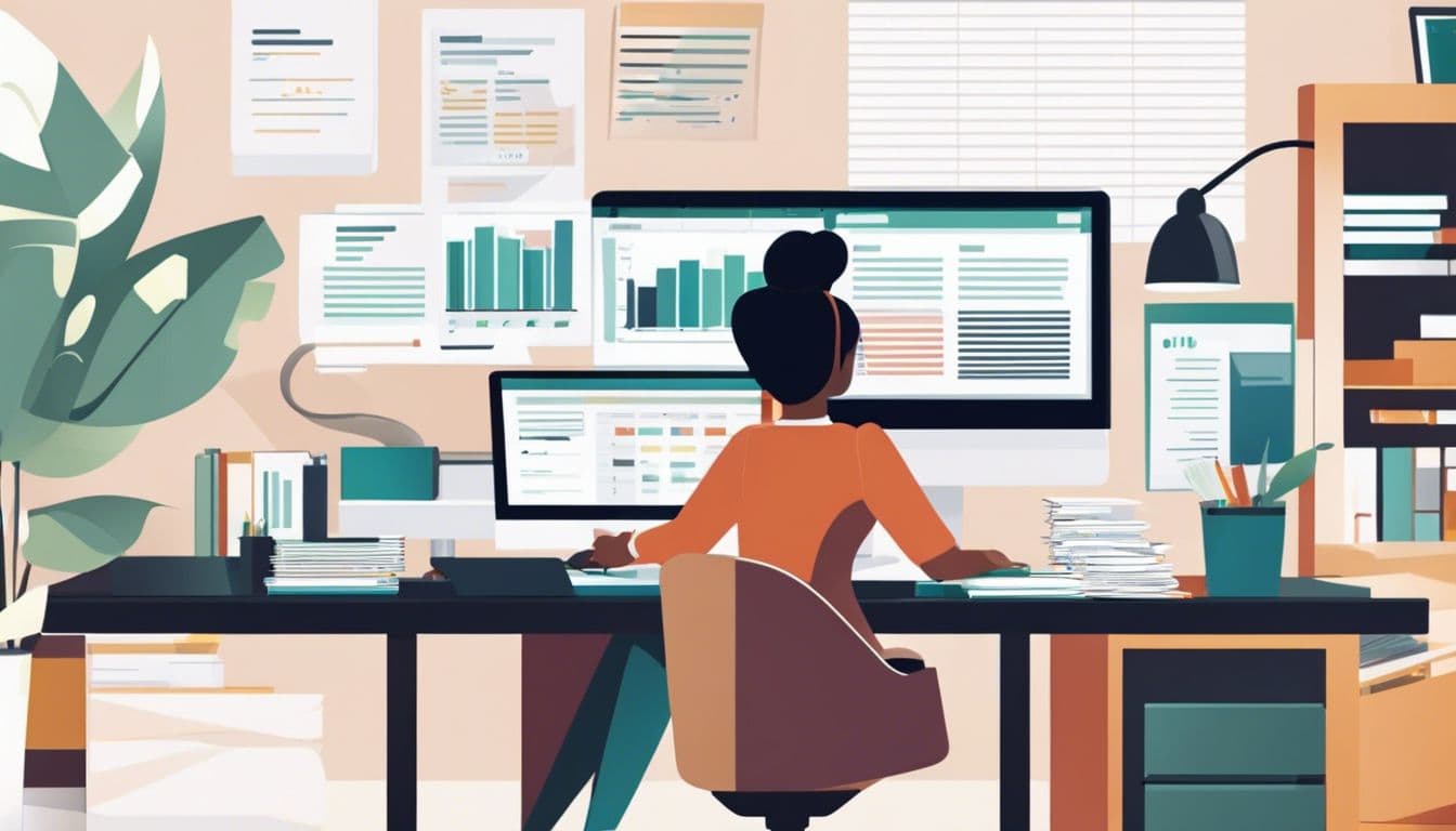 Een persoon organiseert financiële documenten op een goed verlichte kantoorruimte. Een persoon organiseert financiële documenten op een goed verlichte kantoorruimte.