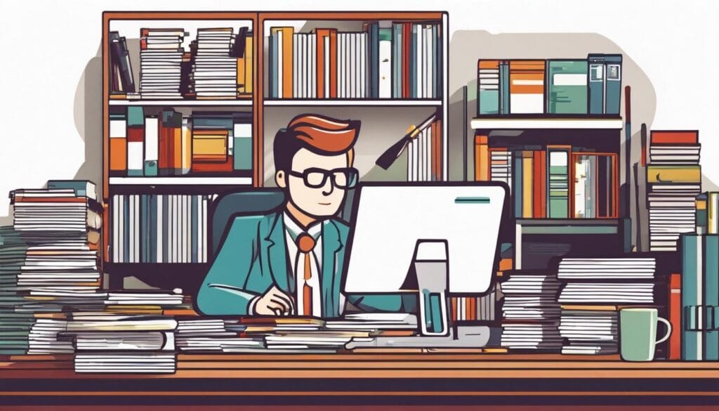 Een drukke boekhouder aan een rommelig bureau in een kantooromgeving.