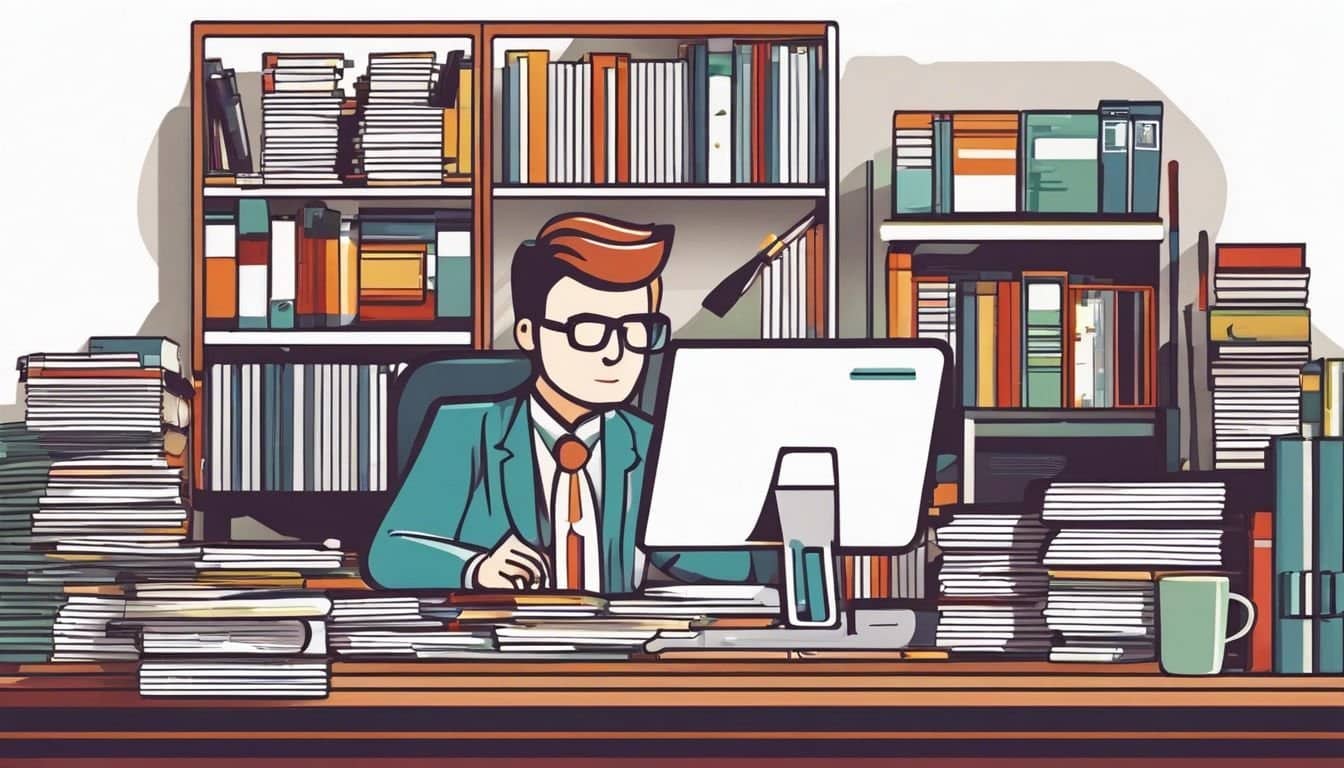 Een drukke boekhouder aan een rommelig bureau in een kantooromgeving.