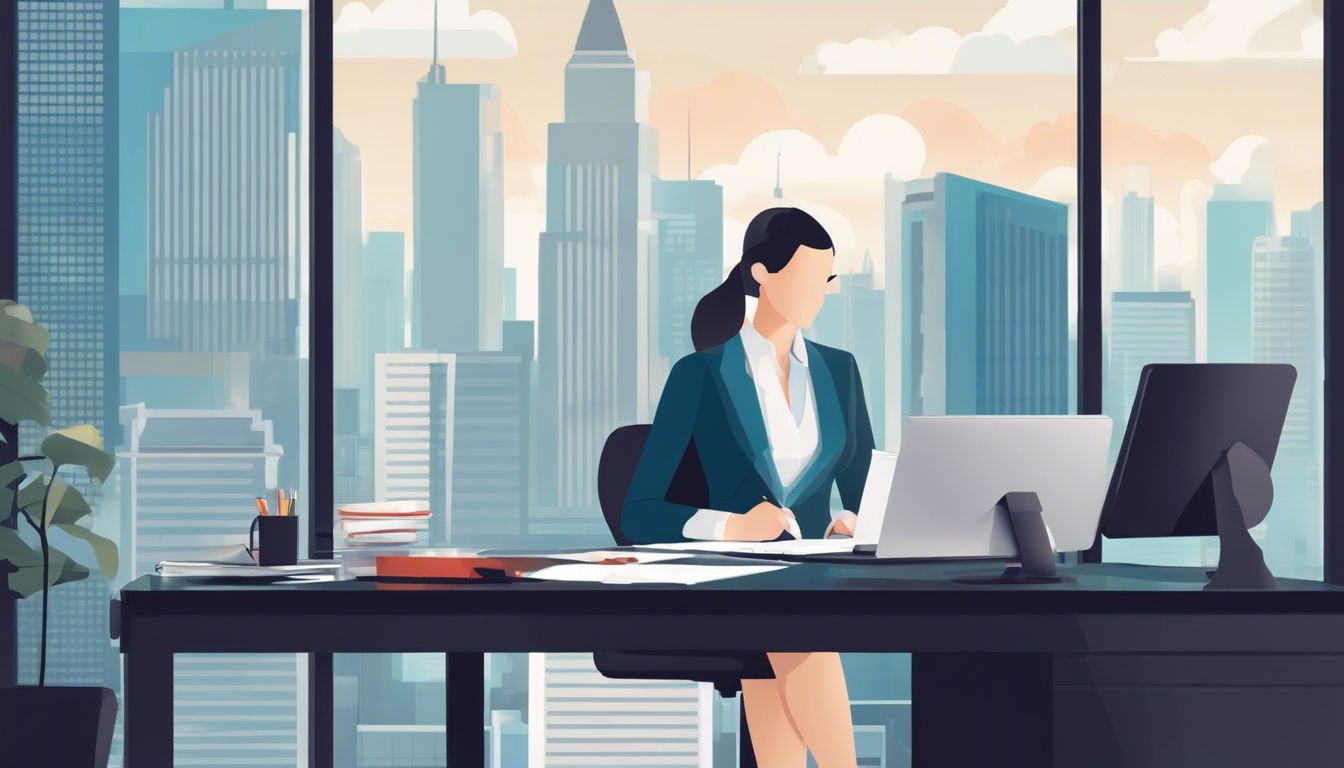 Een professionele accountant werkt aan een moderne kantoorbureau met stadsgezichten.