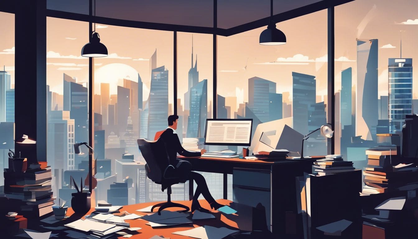 Een drukke zakeneigenaar werkt aan een rommelig bureau met uitzicht op de stad.