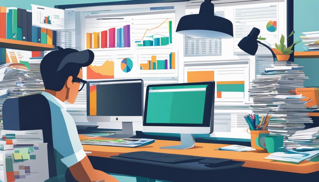 Een boekhouder werkt aan zijn bureau met CASH-software en omringd door papierwerk en kantoorbenodigdheden.