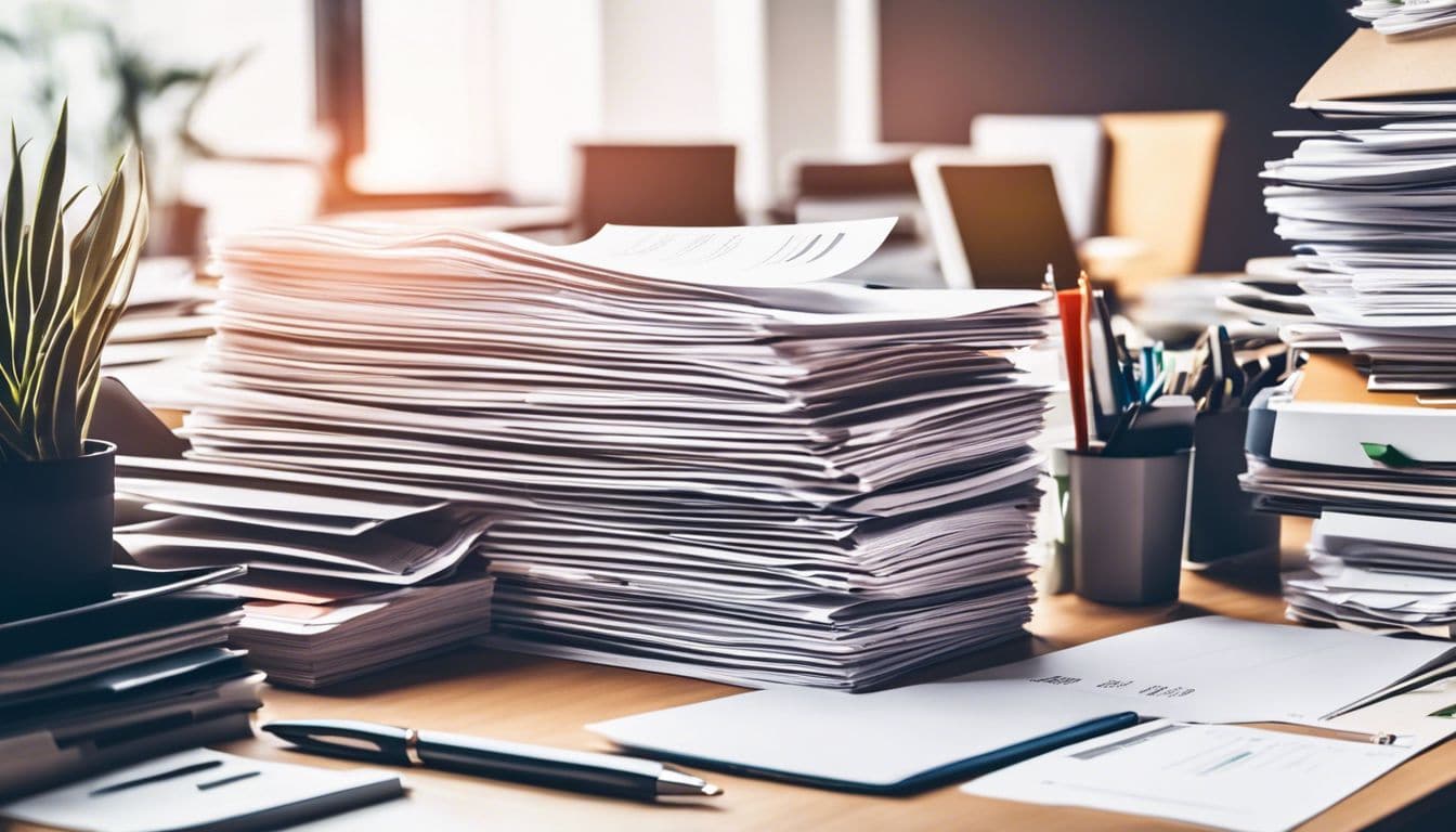 Een stapel georganiseerde facturen en bonnetjes op een netjes bureau.