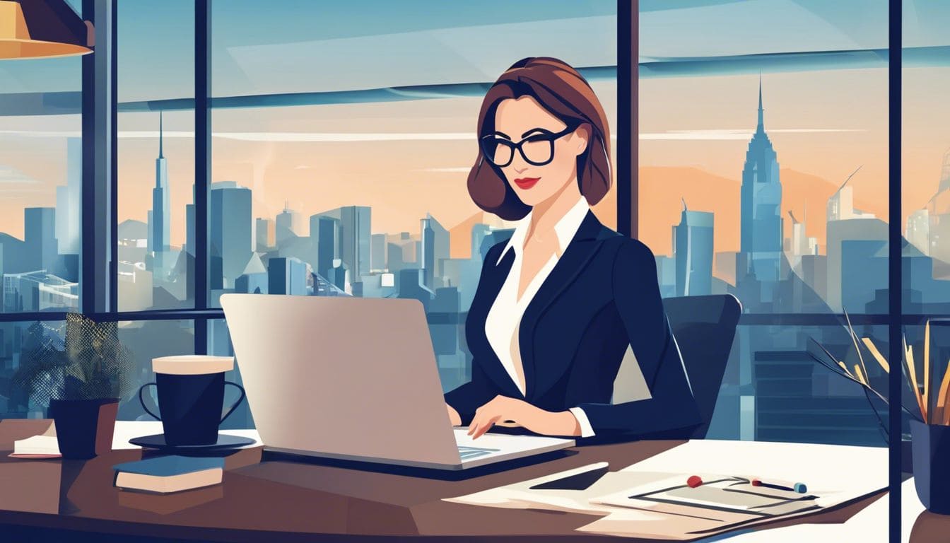 Een zakenvrouw die op haar laptop werkt in een modern kantoor met uitzicht op een drukke stad.