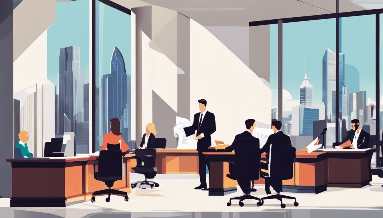 Een drukke rechtbank met klerken die juridische documenten doorzoeken.