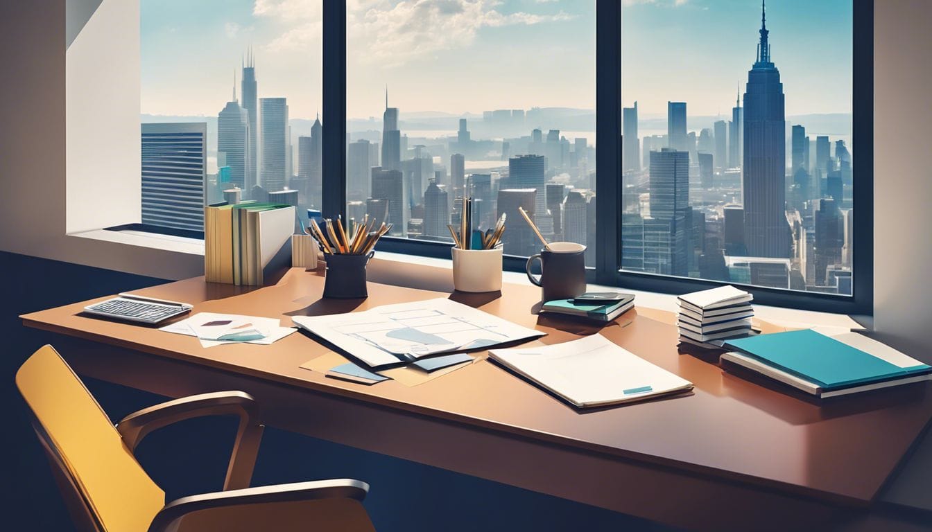 Een goed georganiseerd bureau met financi&euml;le documenten en kantoorbenodigdheden.